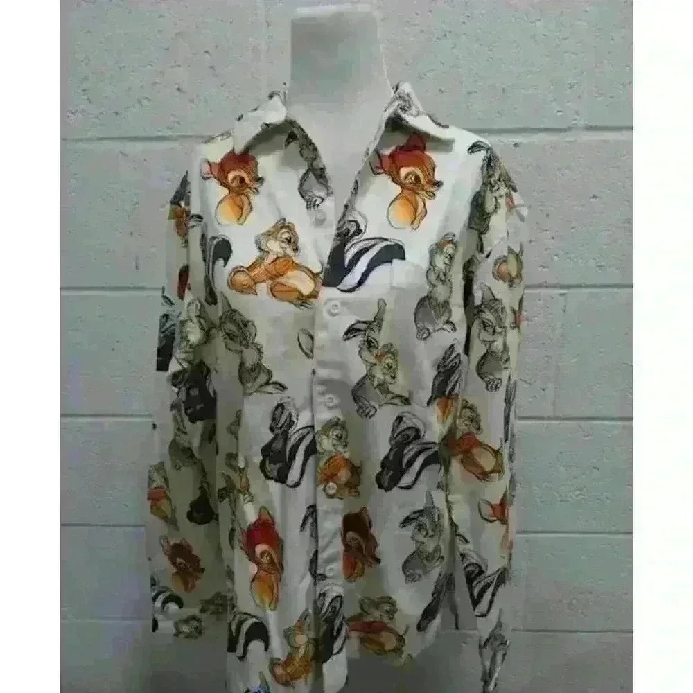 Bambi Pajama Button Up Shirt Size S Thumper Chipmunks‎ and Critters All Over VTG